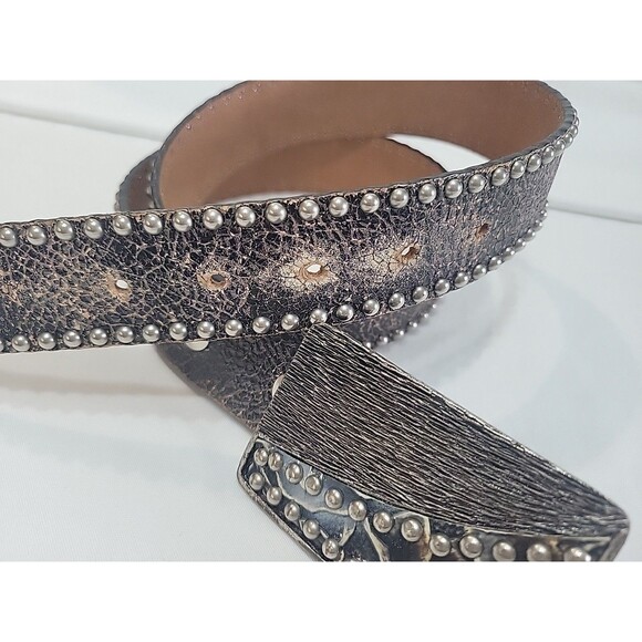 VTG Leatherock Studded Leather Belt Silver Geometric Buckle Black Distressed L36 main image 6